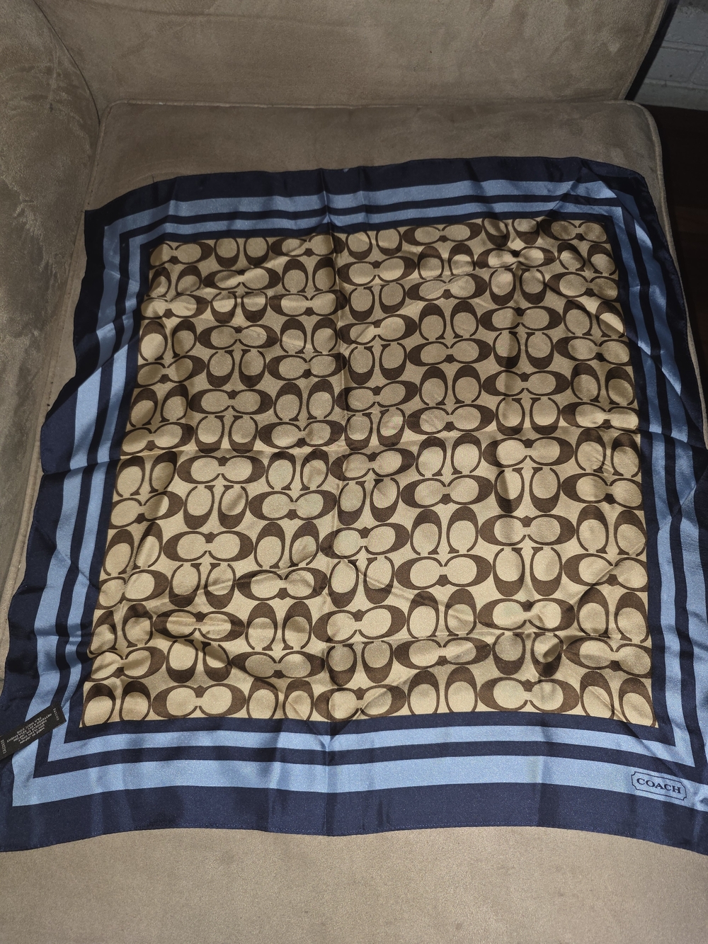 COACH Blue and Brown Signature Silk Scarf Approx. 20x20